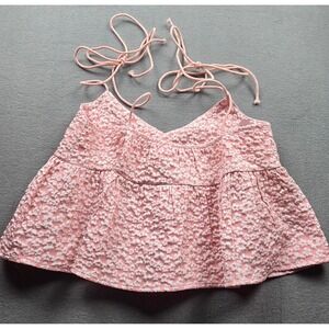 Bucket‎ List Pink Floral Jacquard Tie Strap Babydoll Cami Crop Top Large IT2474